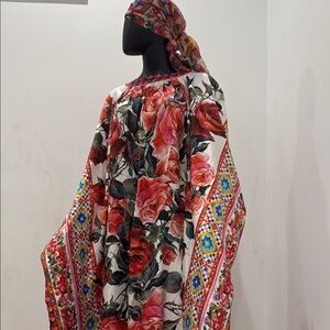 Dolce & Gabbana Silk Rose Caftan Dress + Matching Scarf IT42 Luxury Resort